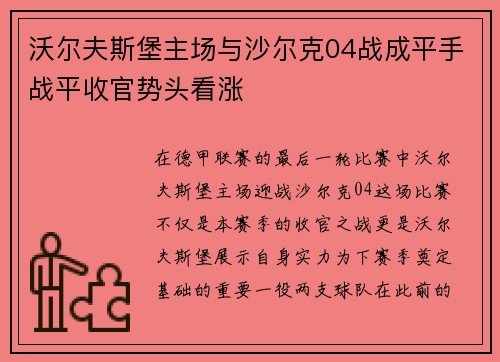 沃尔夫斯堡主场与沙尔克04战成平手战平收官势头看涨