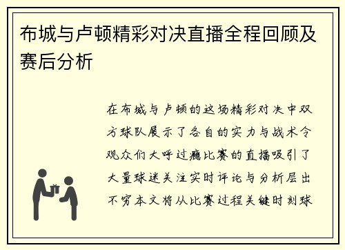 布城与卢顿精彩对决直播全程回顾及赛后分析