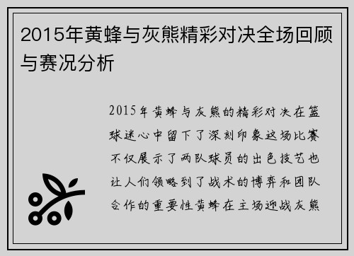 2015年黄蜂与灰熊精彩对决全场回顾与赛况分析