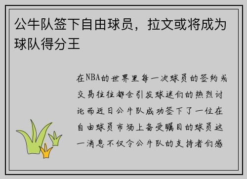 公牛队签下自由球员，拉文或将成为球队得分王