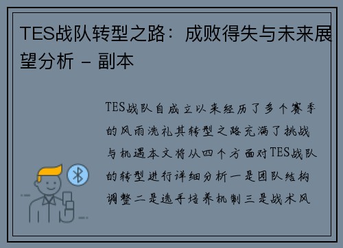 TES战队转型之路：成败得失与未来展望分析 - 副本
